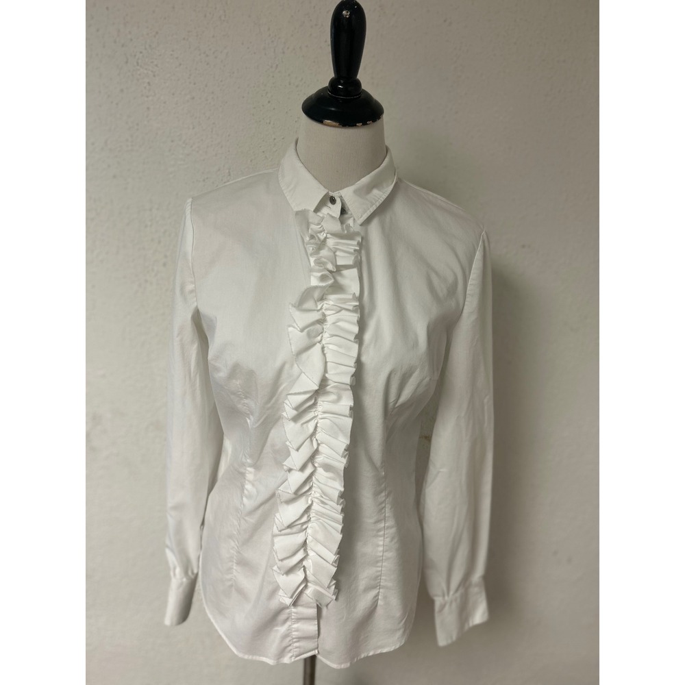 New York & Company White Ruffle Front Stretch Button Up Long Sleeve Shirt M